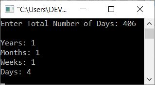 convert days into years months weeks days c++