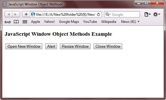 javascript window object properties methods